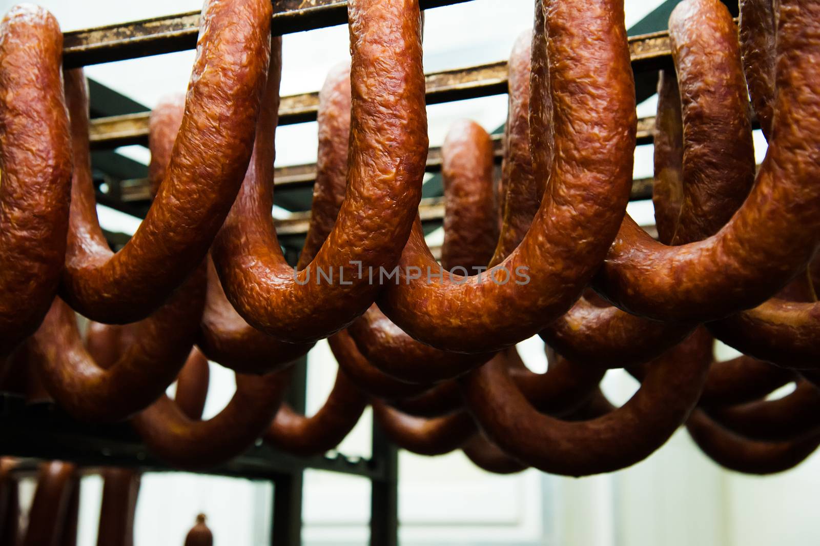 Sausage on the counter for the smokehouse by grigorenko