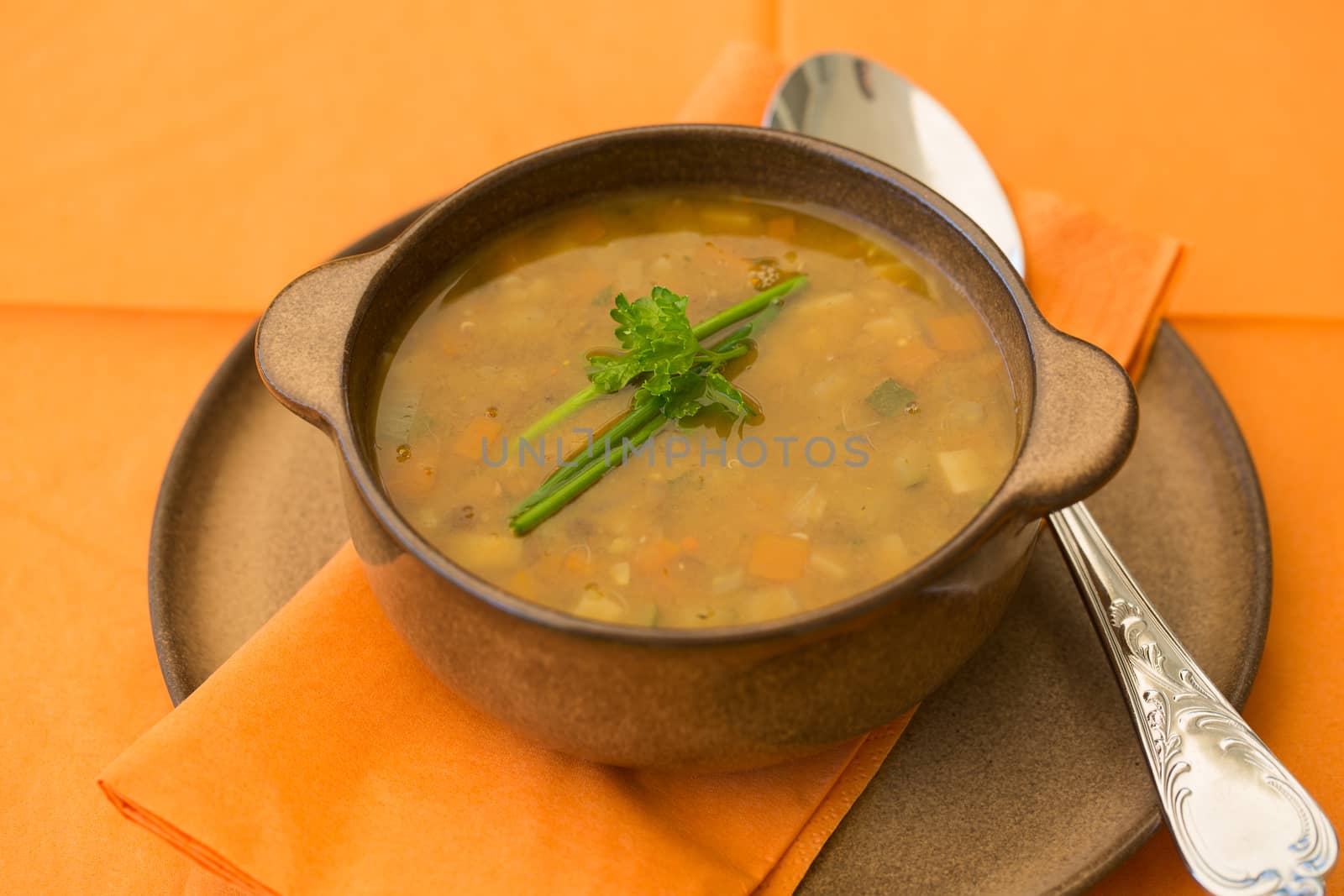 Bowl of lentil soup with vegetables and parsley