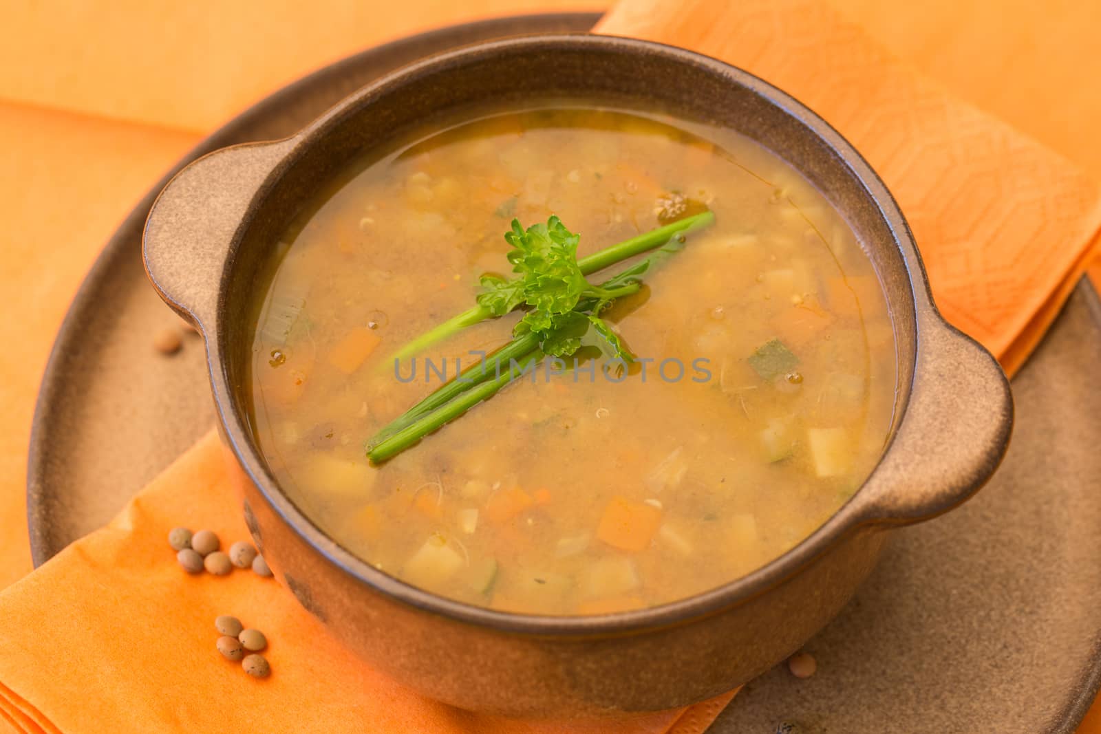 Bowl of lentil soup with vegetables and parsley