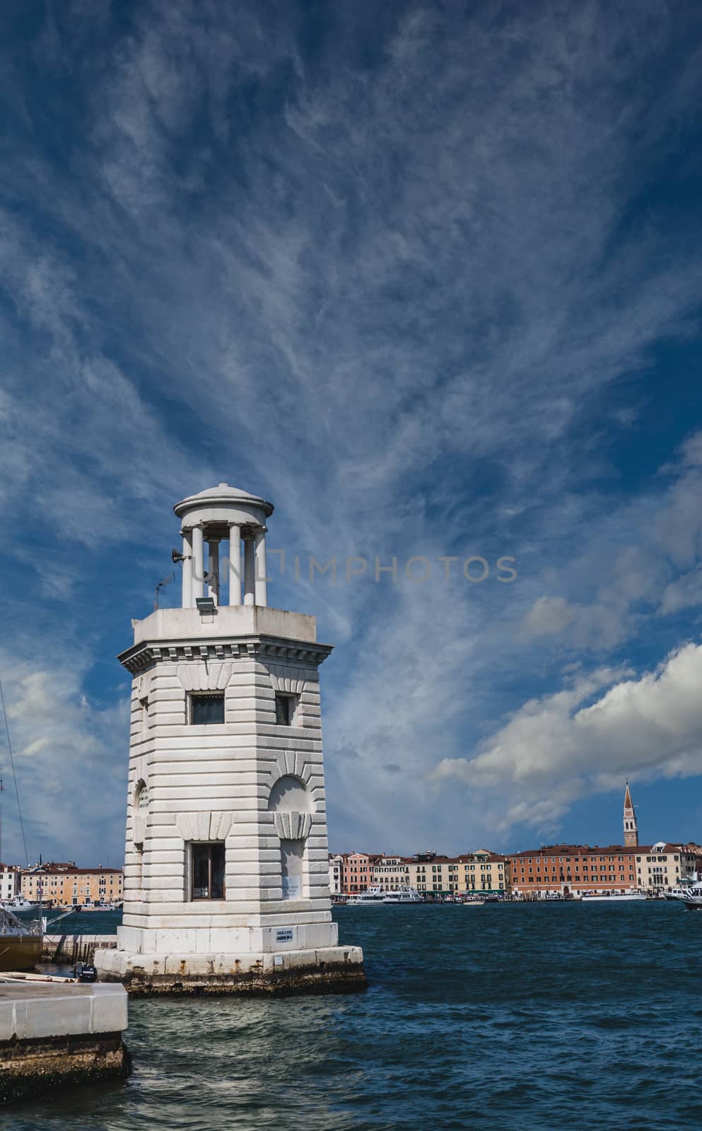 Old Stone Tower in Channel Outside San Giorgio Maggiore Church in Venice