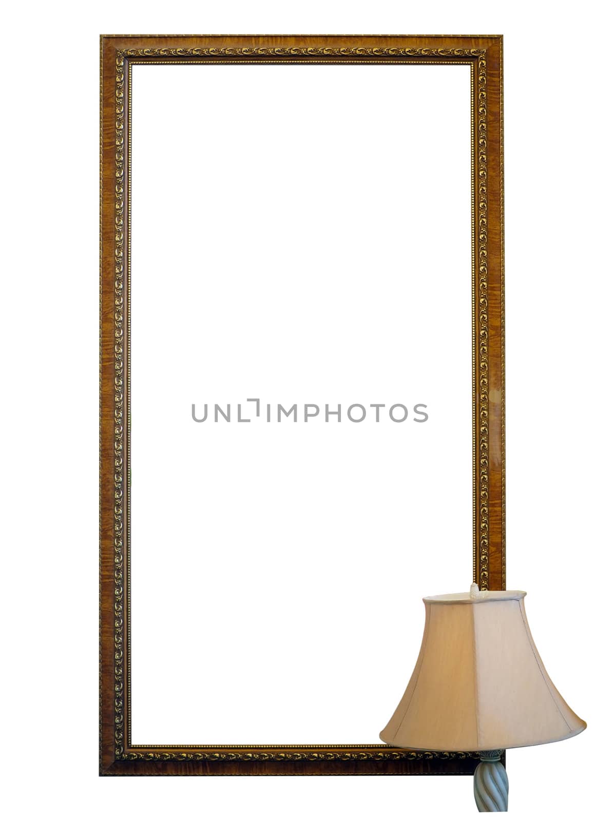 Empty wooden frame with lamp isolated on a white background. by Unimages2527