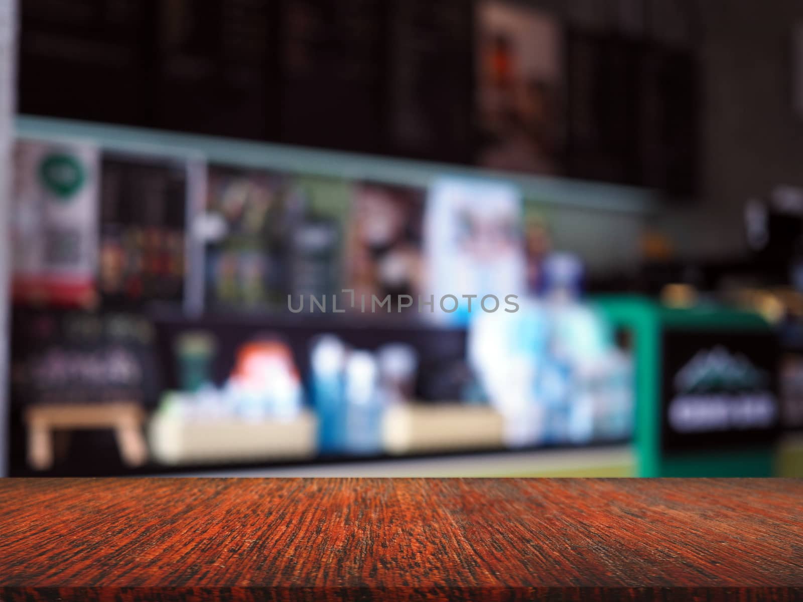 Product display with blank wood panels In a coffee shop with a blurred background. Suitable for showing your products on blank space. display mockup concept.