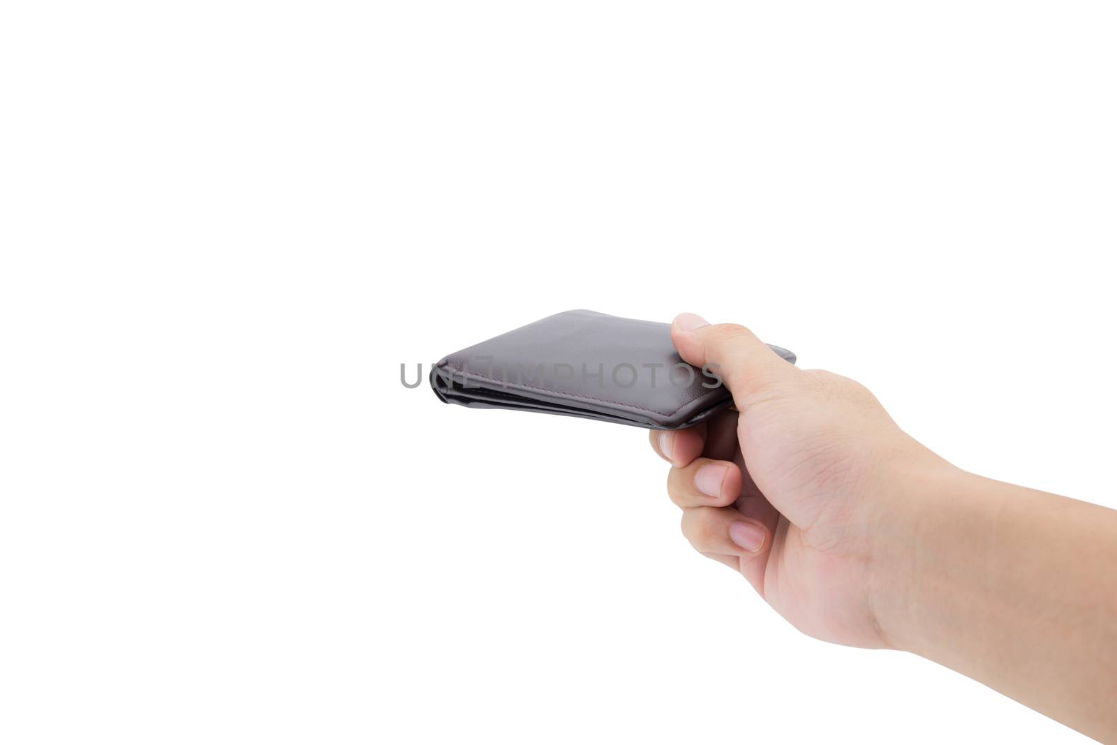 Male hand holding wallet isolated over white background with clipping path.