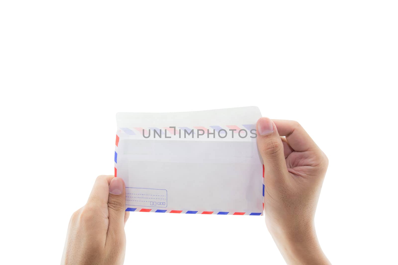 open envelope with hand isolated on white background - clipping part.