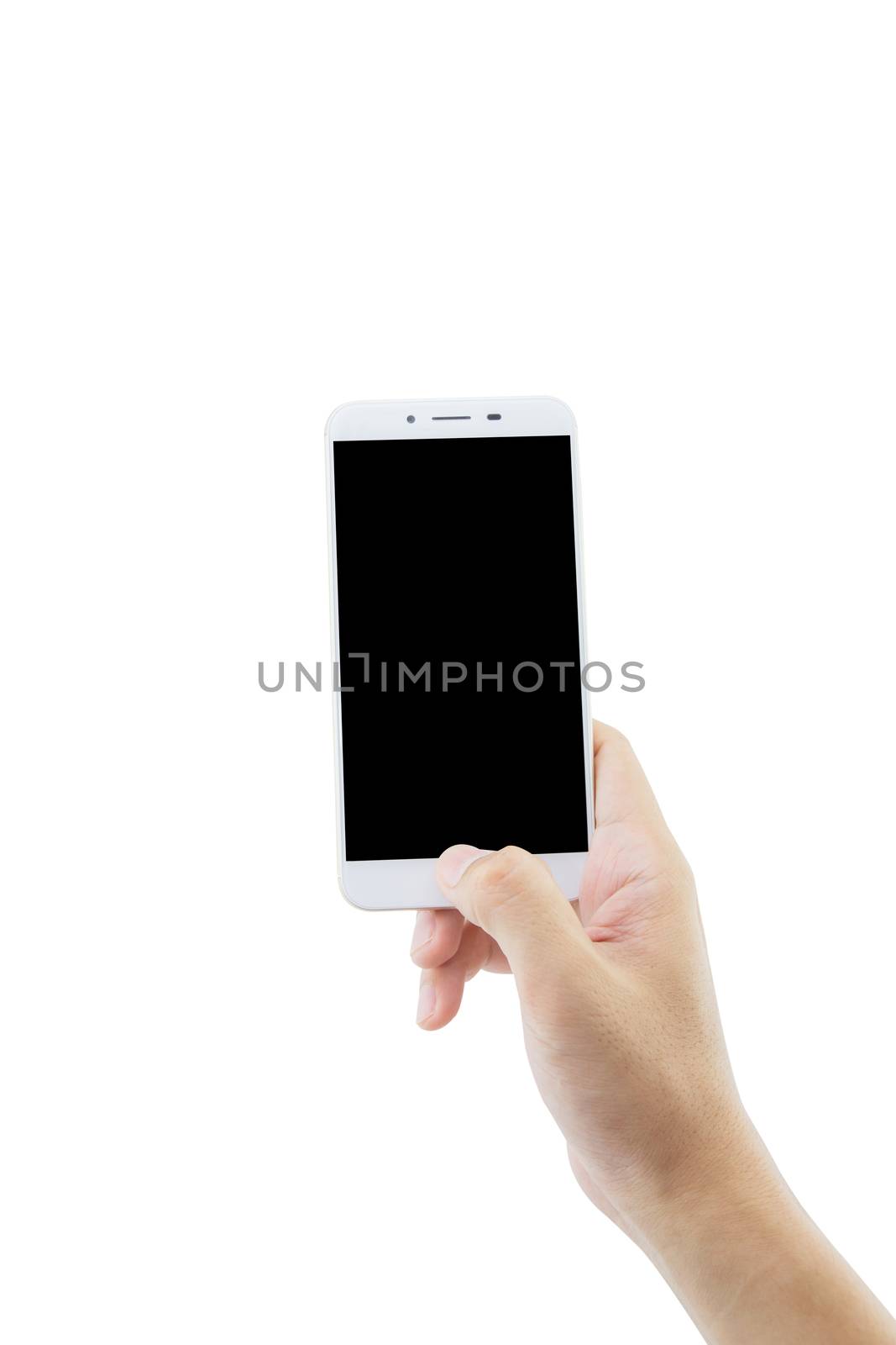 hand holding white phone isolated on white background - clipping path.