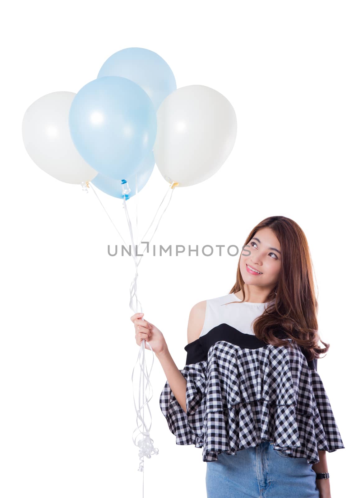 Young girl with balloons on a white background.