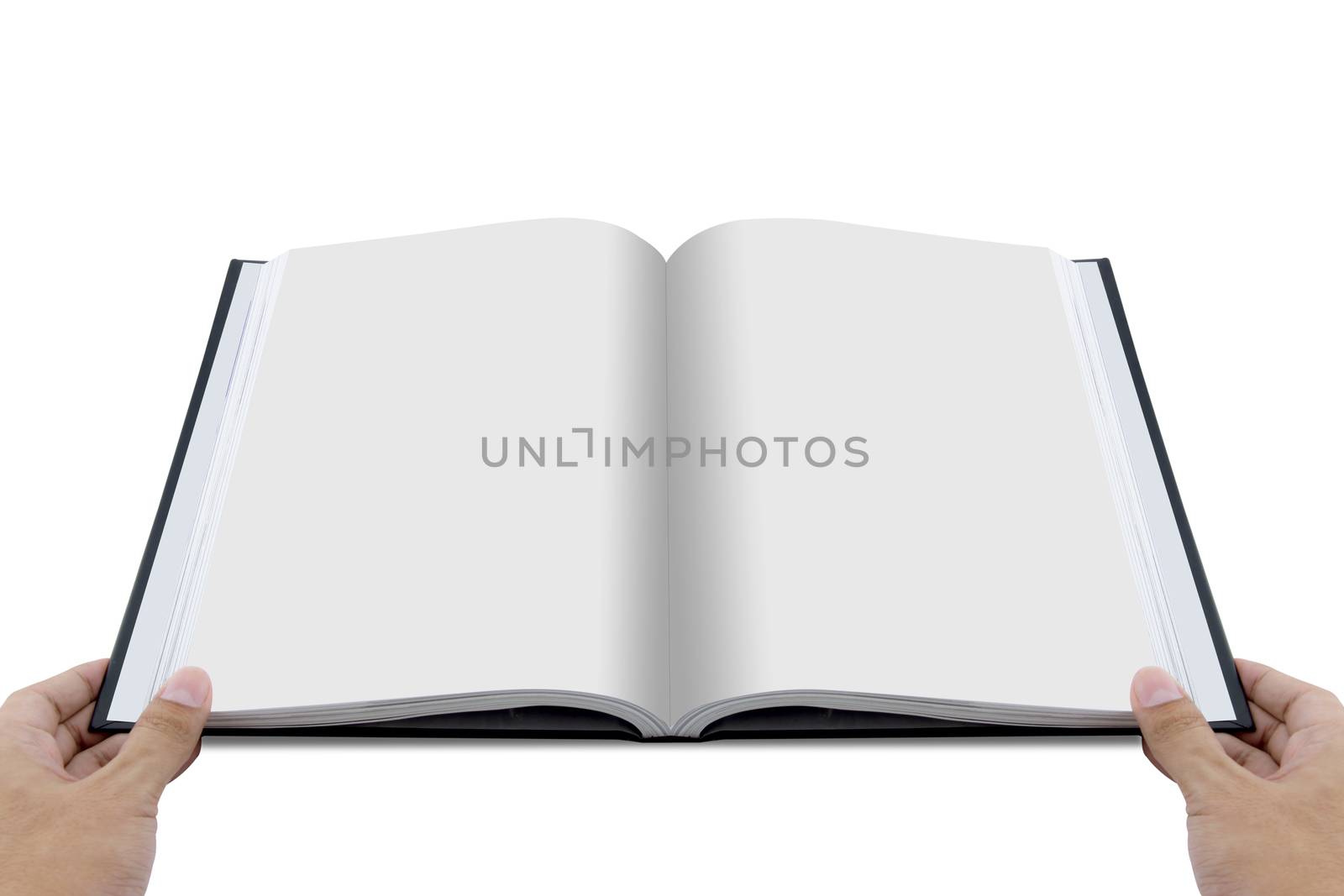 Hand opening white journal with blank pages mockup - magazine template mock up.
