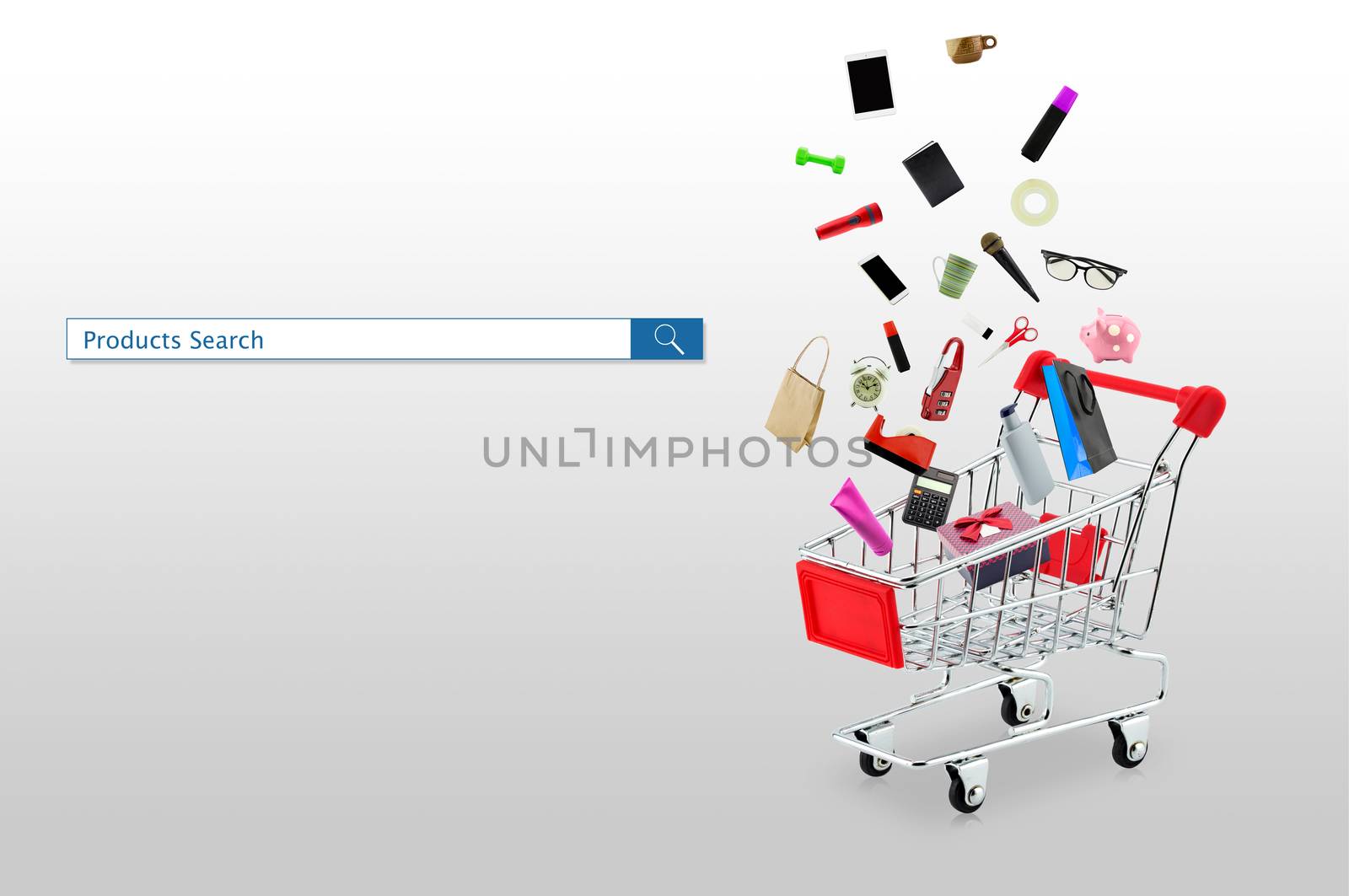 Small shopping cart with products and search products button for purchase online shopping concept.