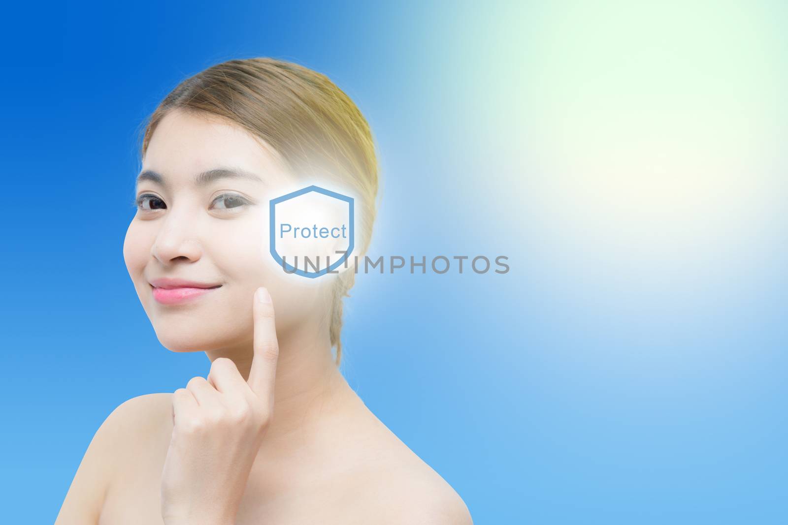 Beautiful woman face with sunshine, concept for skin care and sun block, beauty concept.