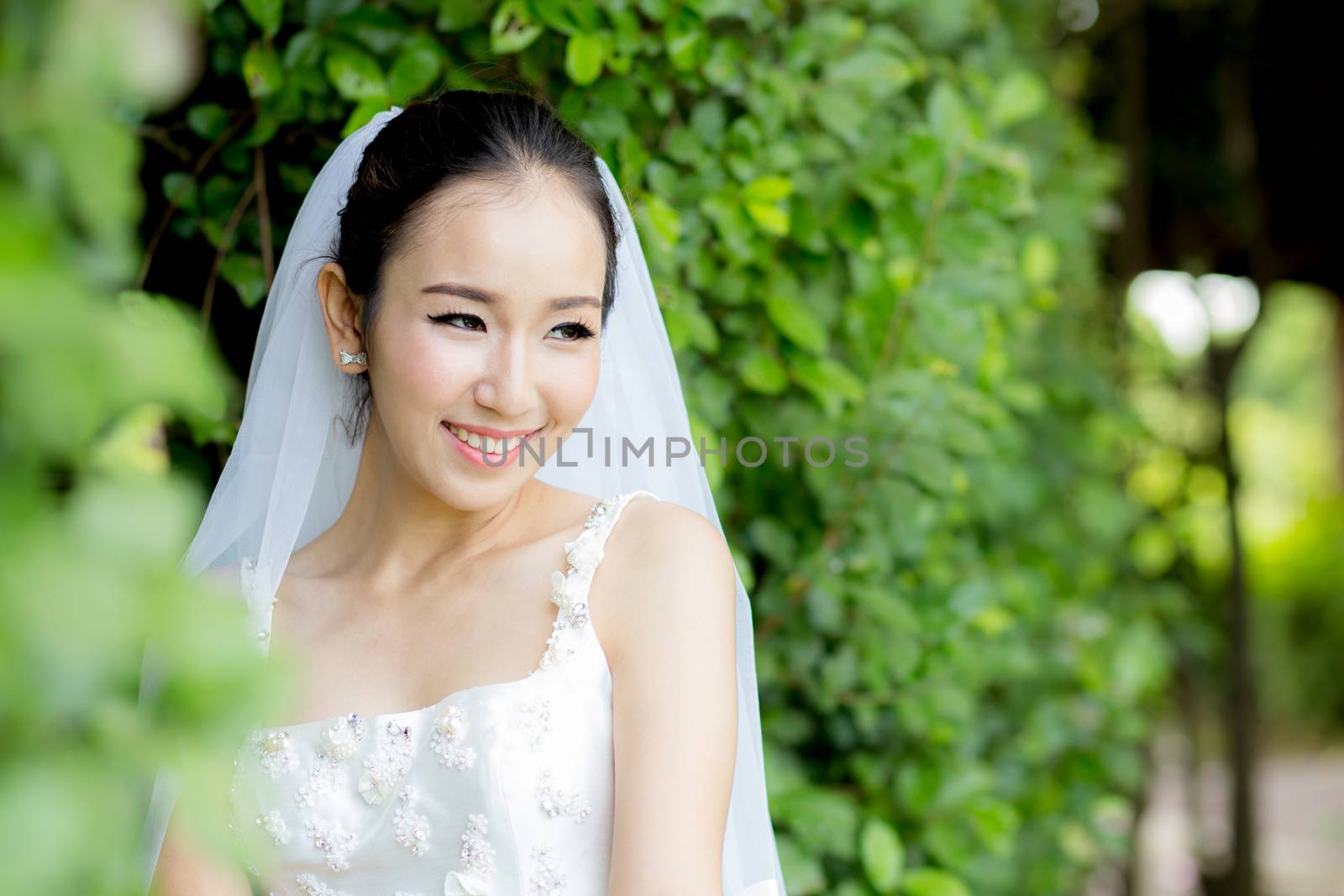 beautiful young woman on wedding day in white dress in the tree wall. Female portrait in the park - Selective focus.