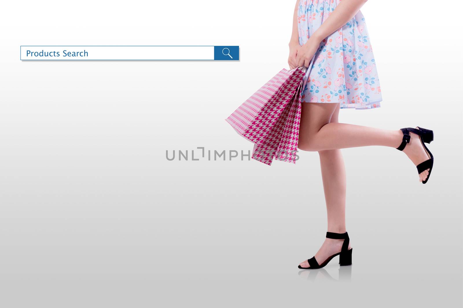 shopping woman with search products button for purchase online concept.