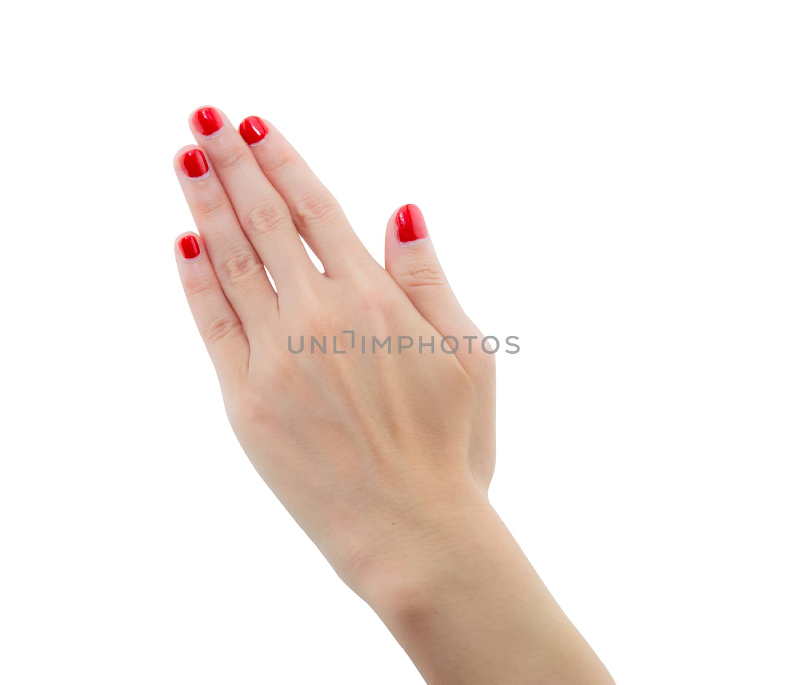 Hand of a young woman with red manicure gesture - Female hand five fingers isolated on a white background - clipping part.