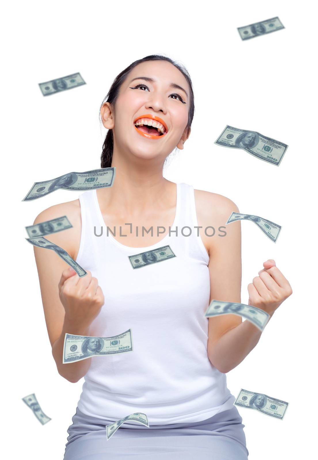 Young happy woman with money isolated on white background.