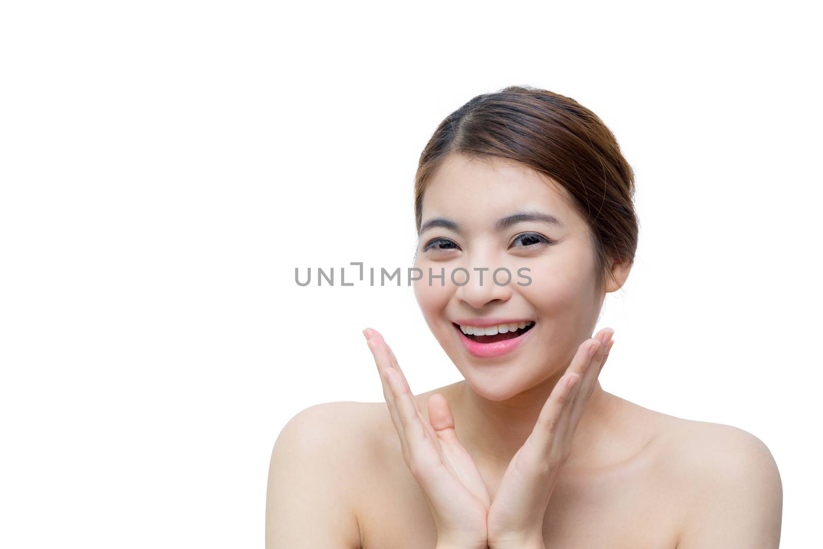 Beautiful girl with makeup, youth and skin care concept / attractive asian girl isolated on white background