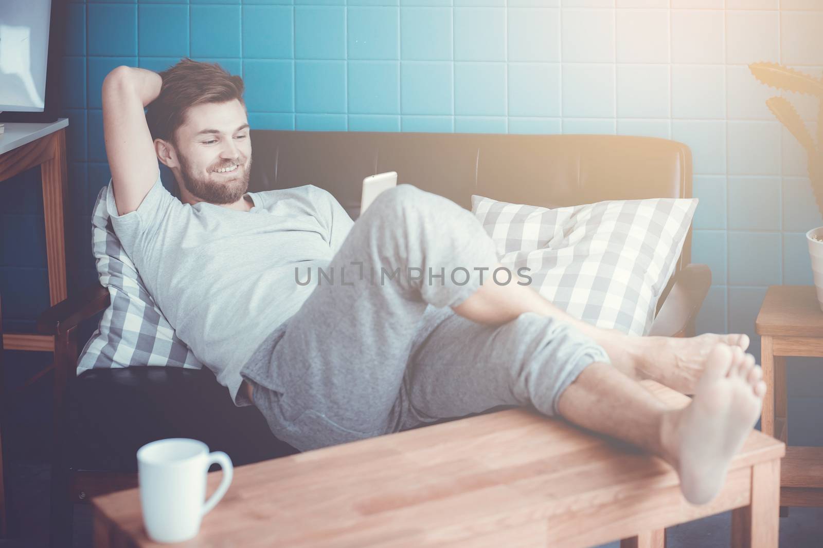 Happy man watching media content in a smart phone sitting on a couch at home