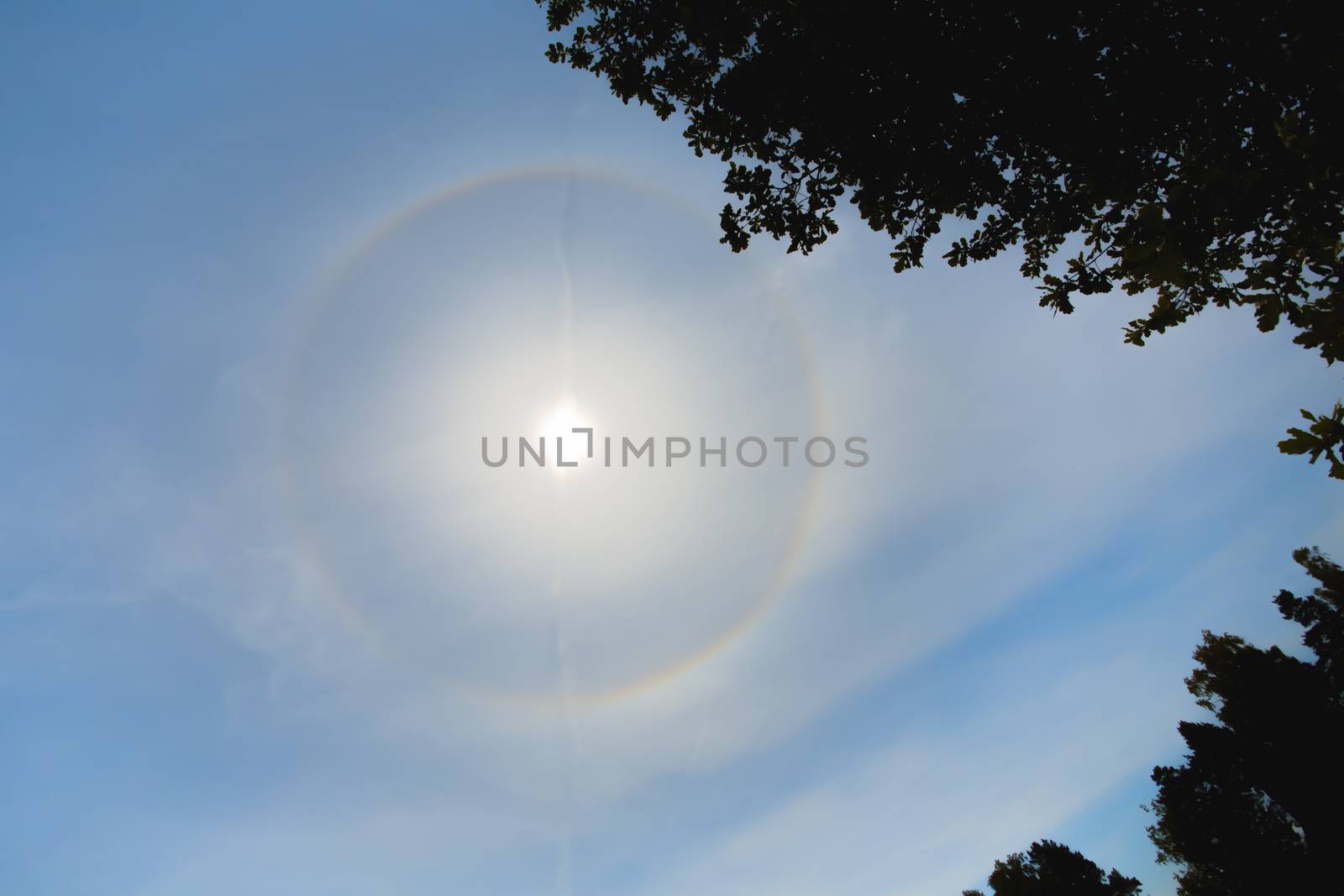 Atmospheric optical effect circle around the sun on hot summer day