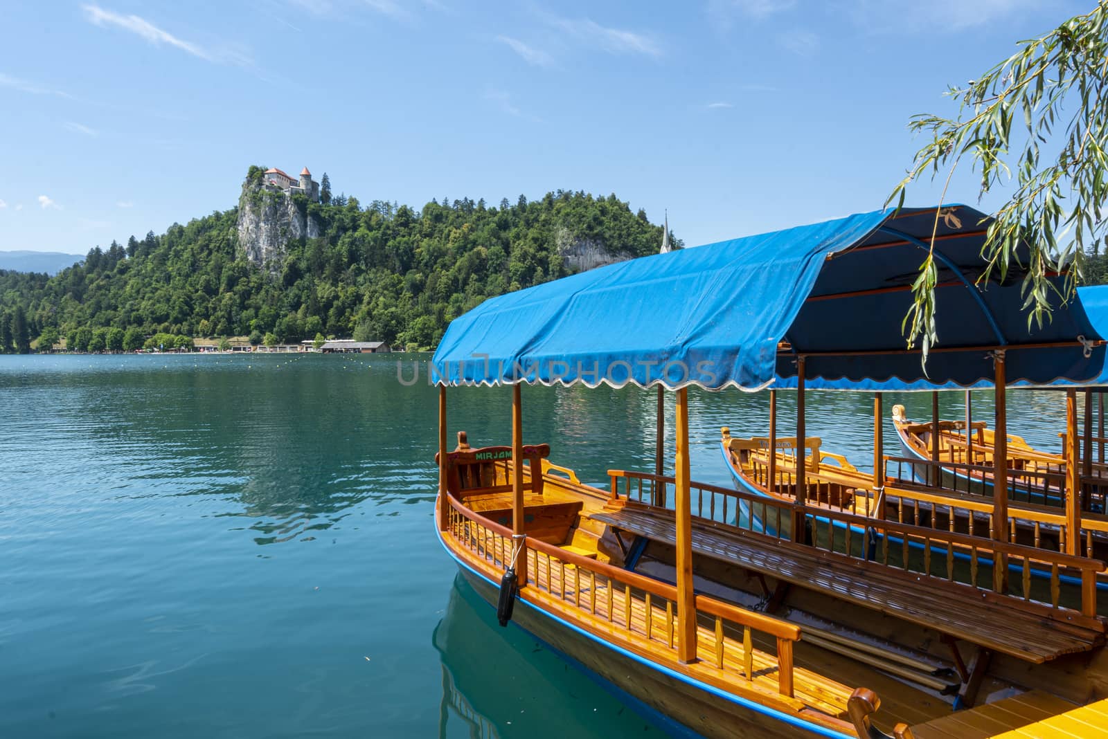 the characteristic boats on the lake with the castle in the background in Bled, Slovenia