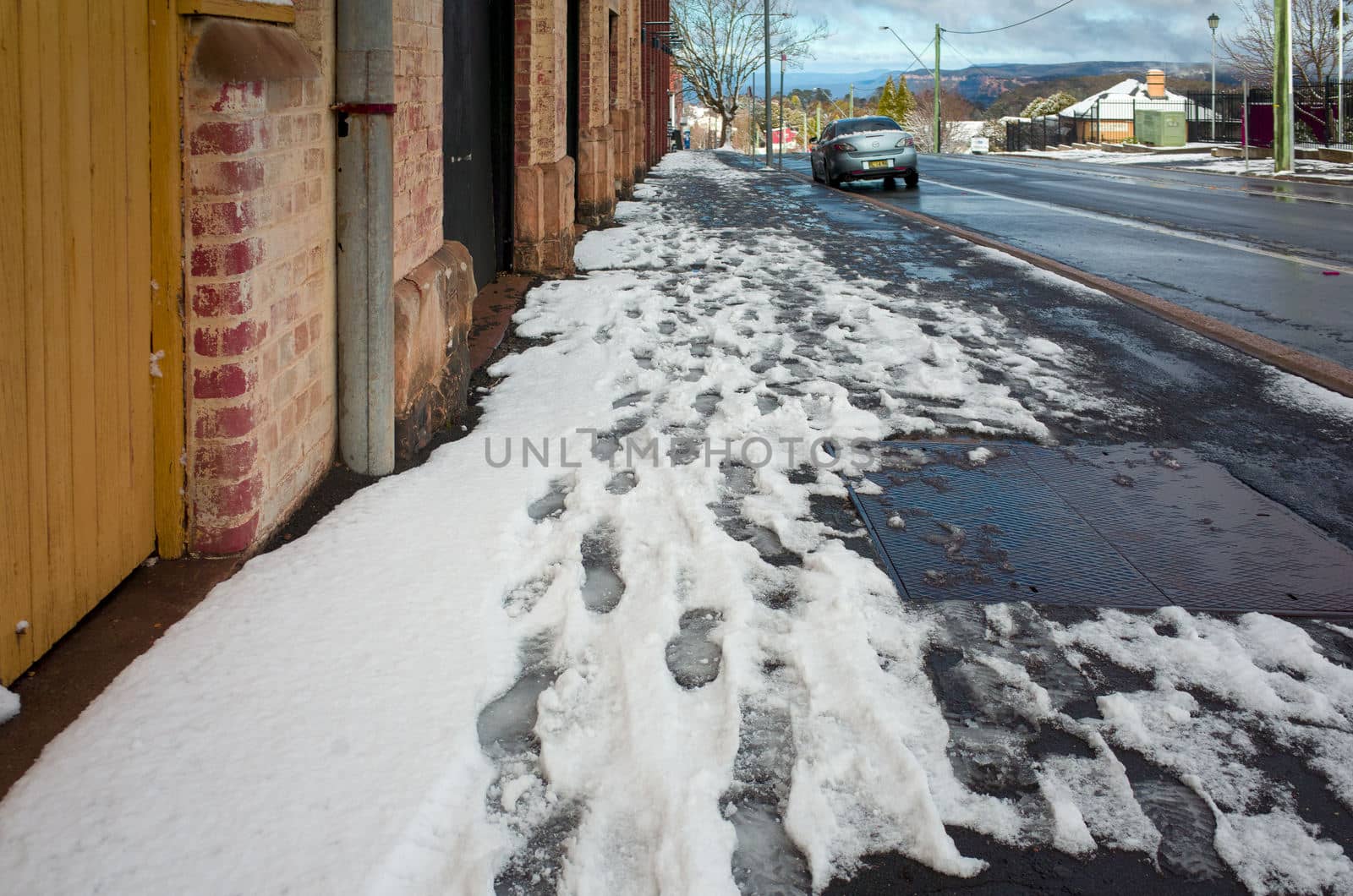 Katoomba, Blue Mountains, Australia, 10 August 2019: A snowy street scene at Katoomba in the Blue Mountains.