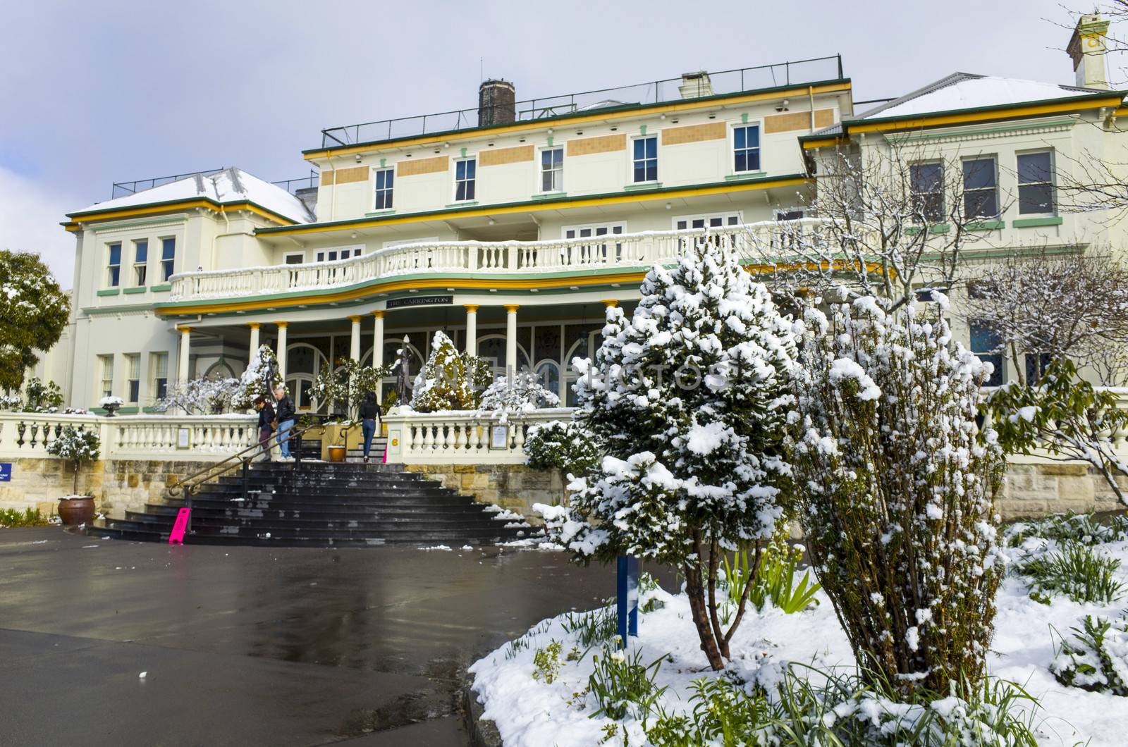 Katoomba, Blue Mountains, Australia, 10 August 2019: The historic Carrington Hotel in Katoomba after a winter snowfall