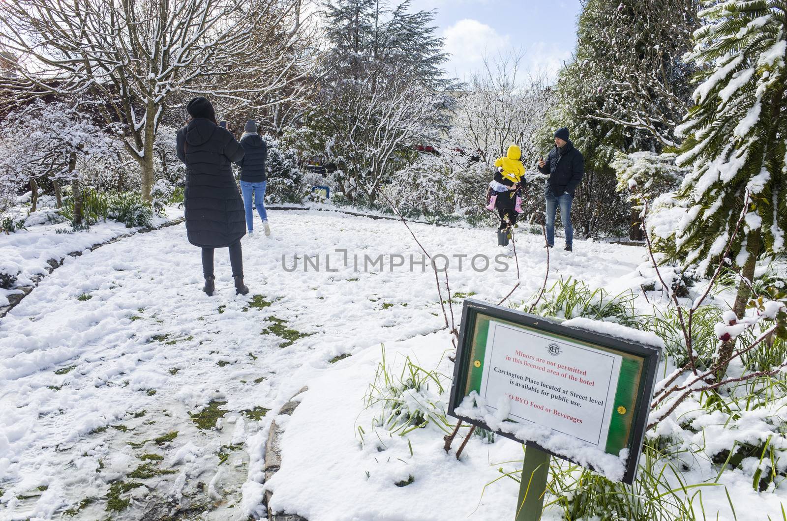 Tourists enjoying snowy gardens at historic Carrington Hotel in by jaaske