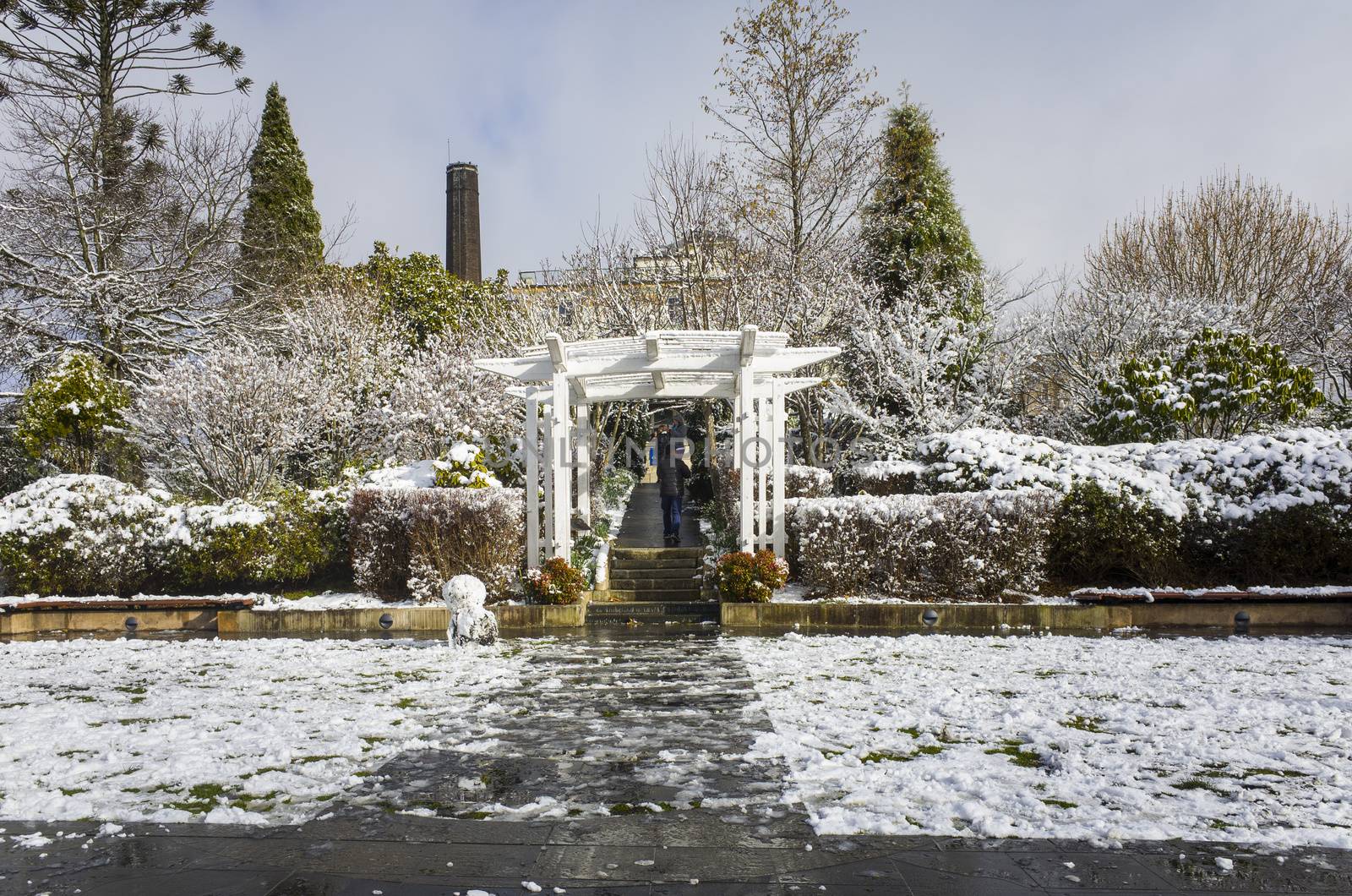 Katoomba, Blue Mountains, Australia, 10 August 2019: The snowy gardens at historic Carrington Hotel in Katoomba after a winter snowfall