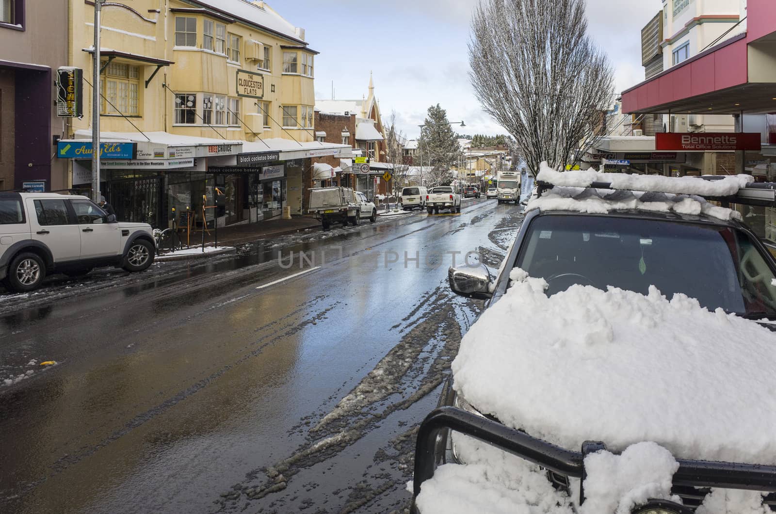 Snowy main street of Katoomba in Blue Mountains Australia by jaaske