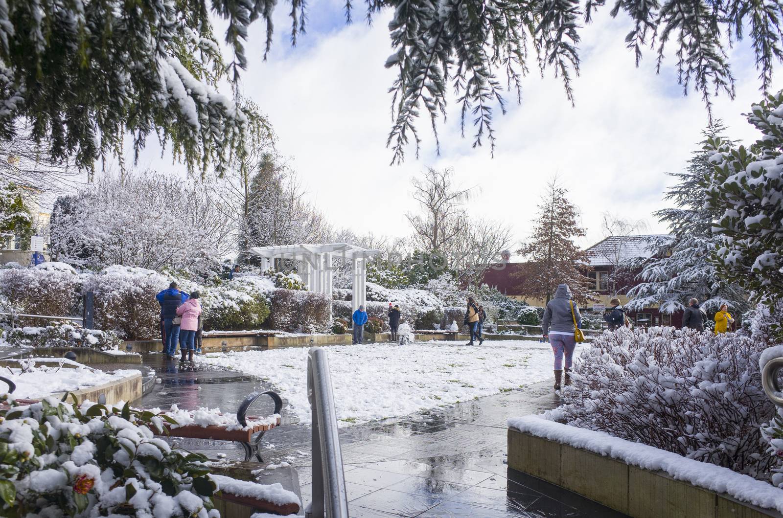 Katoomba, Blue Mountains, Australia, 10 August 2019: Tourists enjoying the snowy gardens at historic Carrington Hotel in Katoomba after a winter snowfall