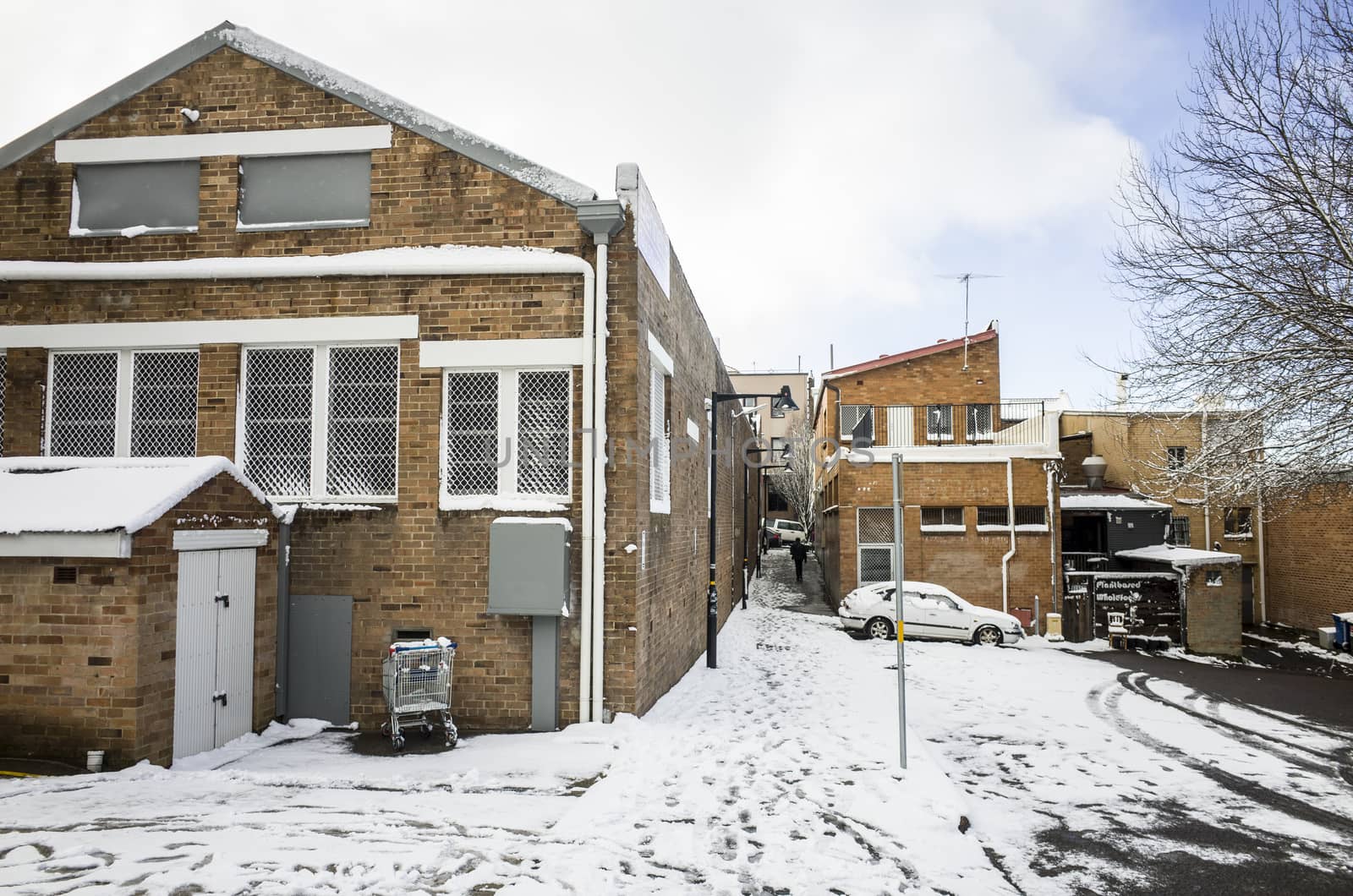 Katoomba, Blue Mountains, Australia, 10 August 2019: A snowy street scene at Katoomba in the Blue Mountains.
