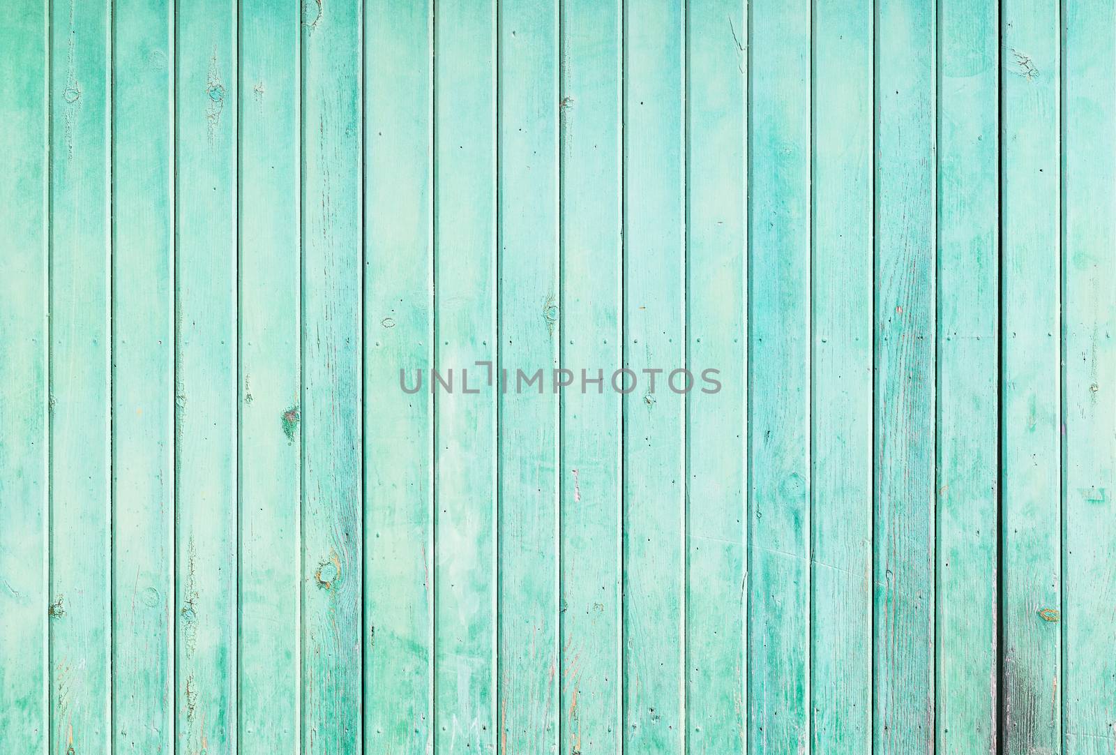 Rustic aqua painted wooden planks background texture with copy space