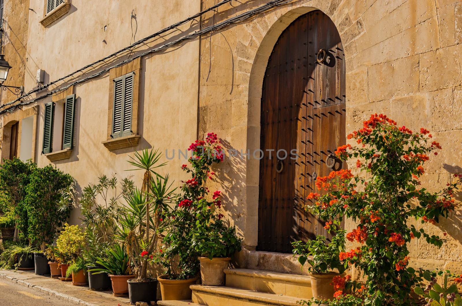 Idyllic house front door with flower pots in Alcudia on Mallorca, Spain Balearic islands