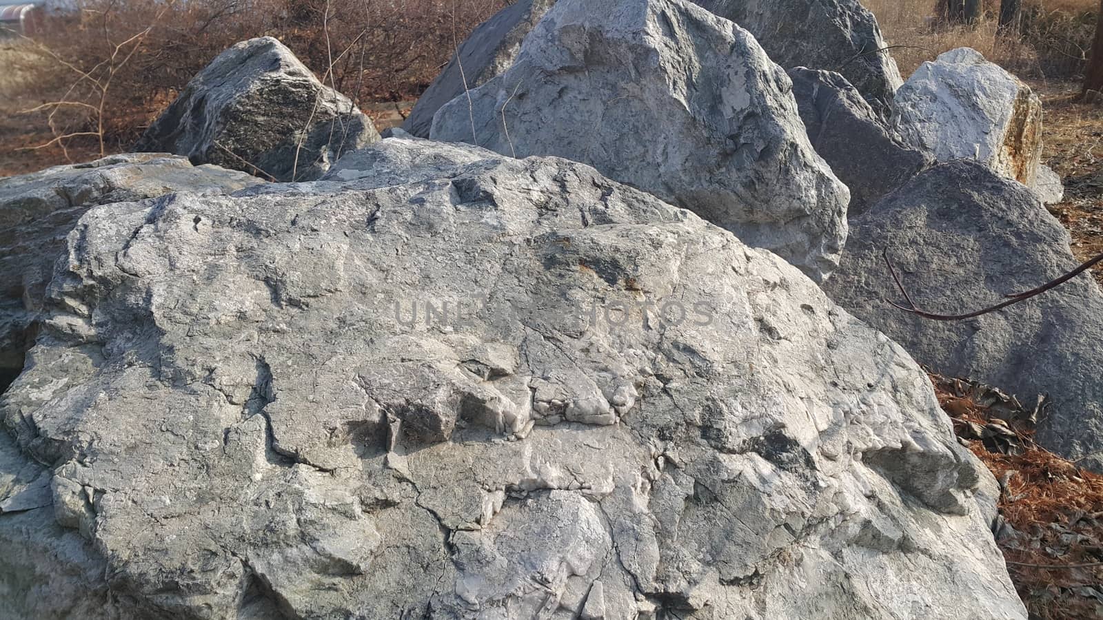 Close up of Large stones or rock settled in a public park by Photochowk