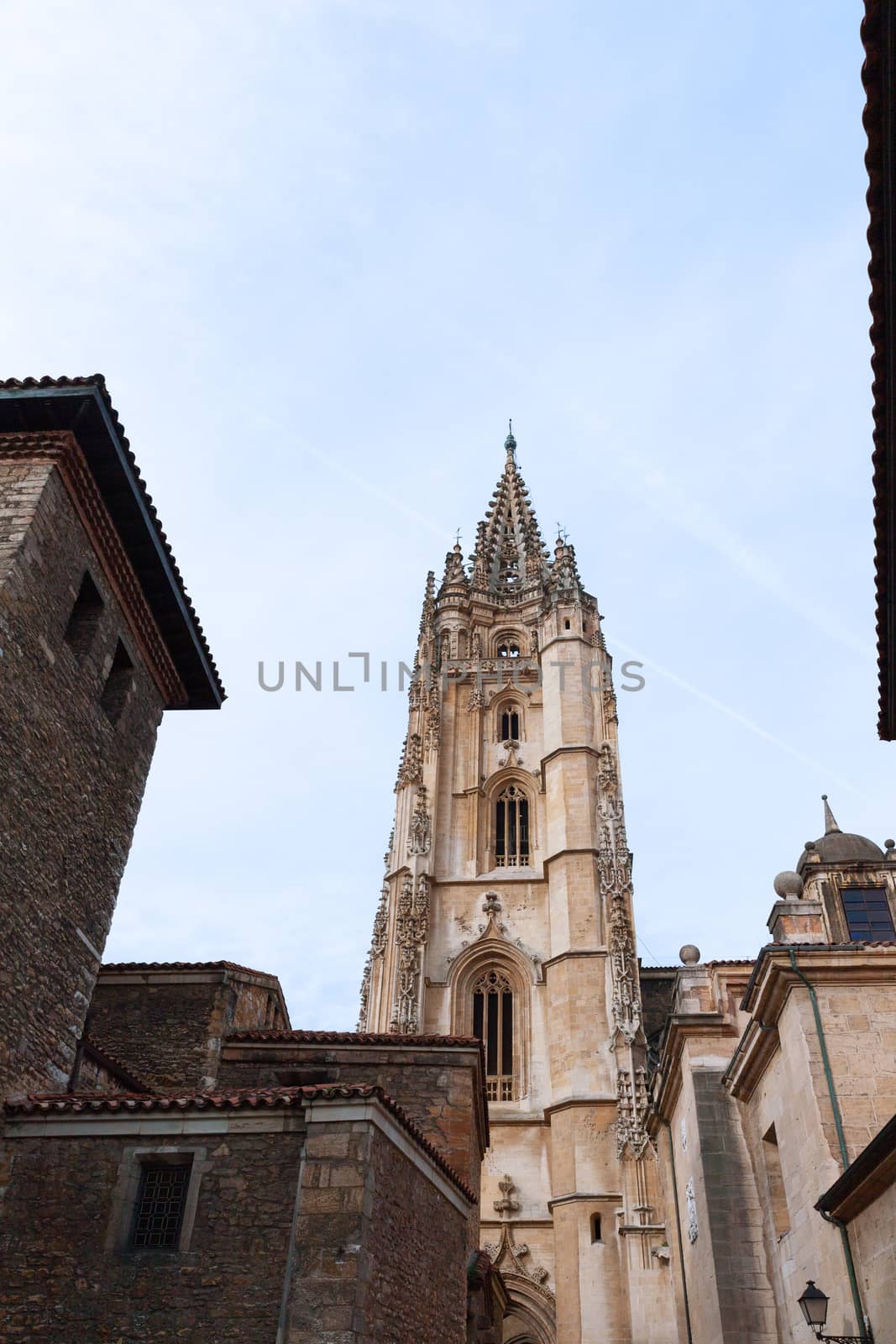 Oviedo, Spain - 11 December 2018: Bell-tower of The Metropolitan Cathedral Basilica of the Holy Saviour or Cathedral of San Salvador