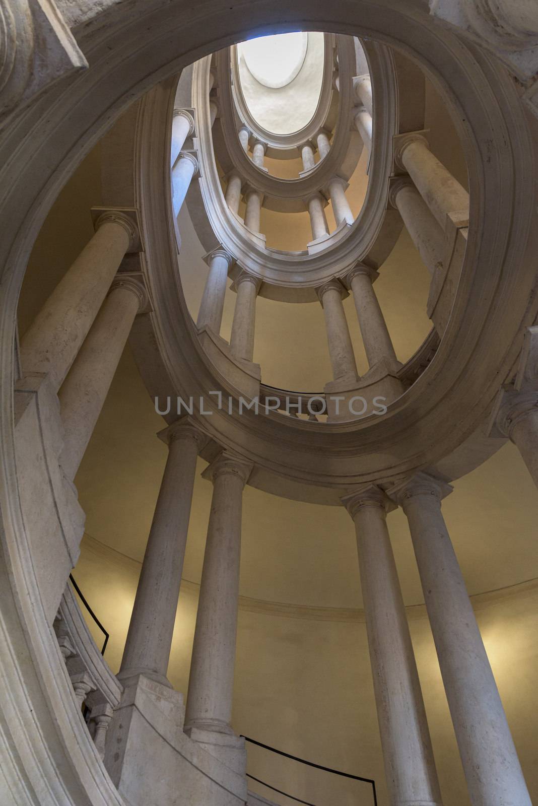 Rome, Italy - 16 Feb 2020: Palazzo Barberini is a papal residence of the Baroque period, famous for false perspective windows, ceiling painted by Cortona and helicoidal staircases by Bernini, in Rome, Italy