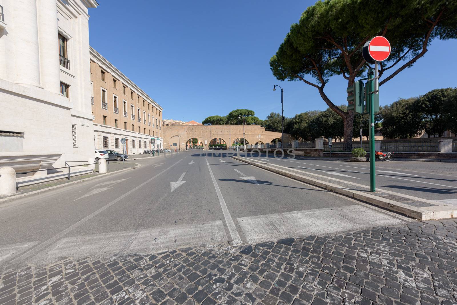 Rome, Italy - 10 March 2020: Piazza Pia is clear of any traffic in Rome, Italy. Popular tourist sites are empty following the nationwide coronavirus pandemic lockdown.