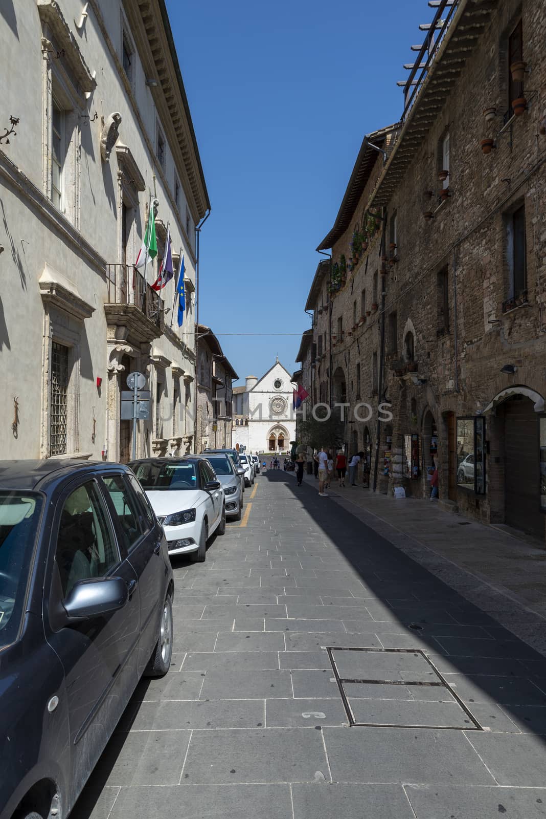 assisi,italy july 11 2020 :street san francesco in the center of assisi