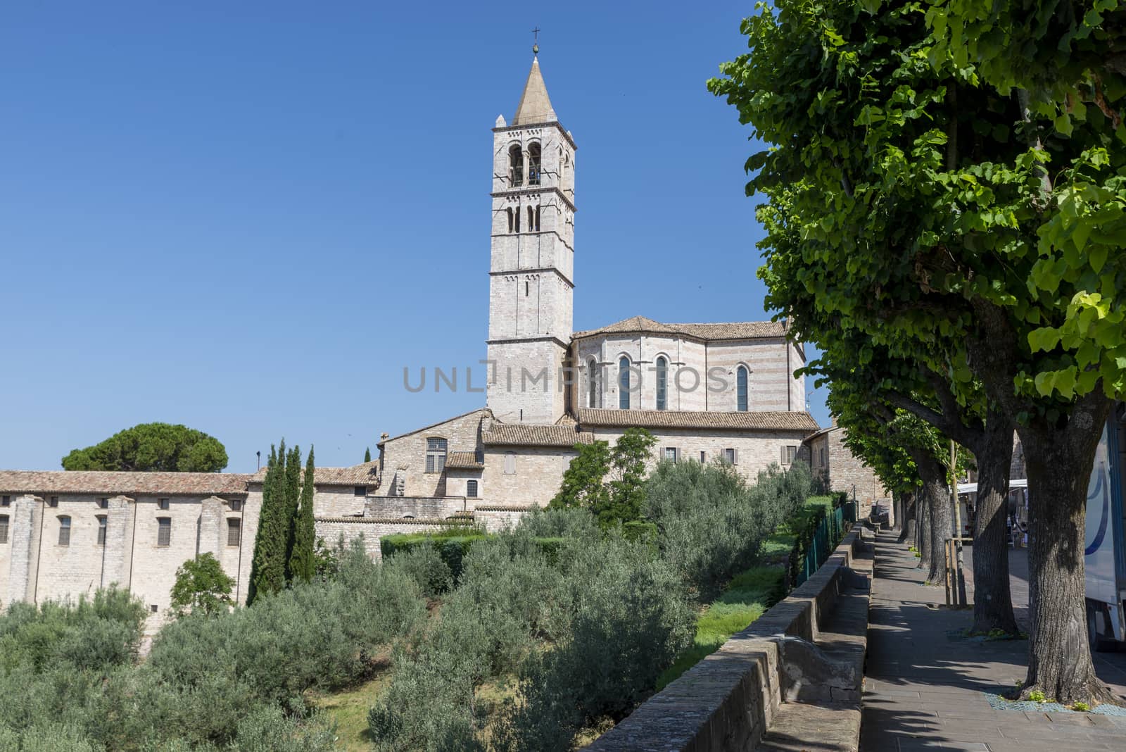 assisi,italy july 11 2020 :panorama of the basilica of santa chiara di assisi