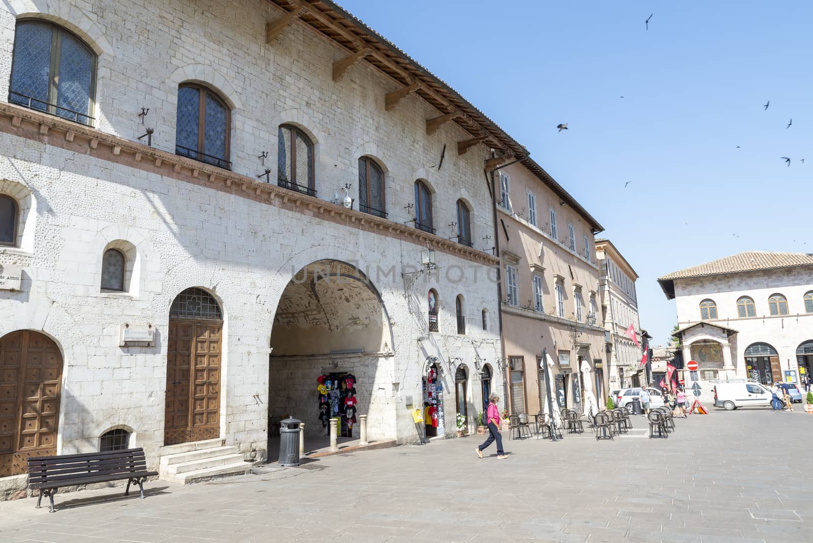 assisi,italy july 11 2020 :square of common of assisi in the center of the town