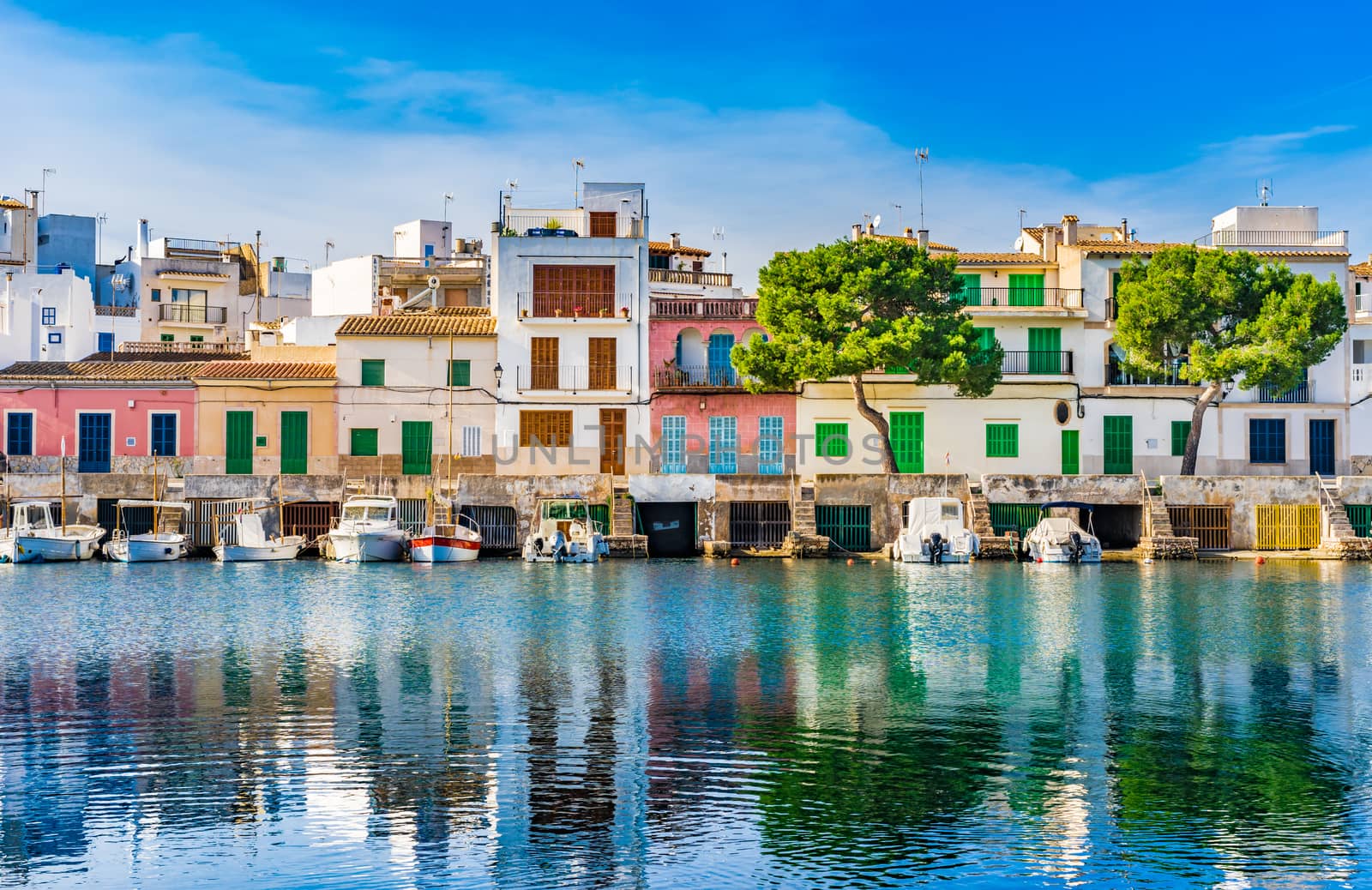 Beautiful harbor of Porto Colom at the coast of Mallorca island, Spain