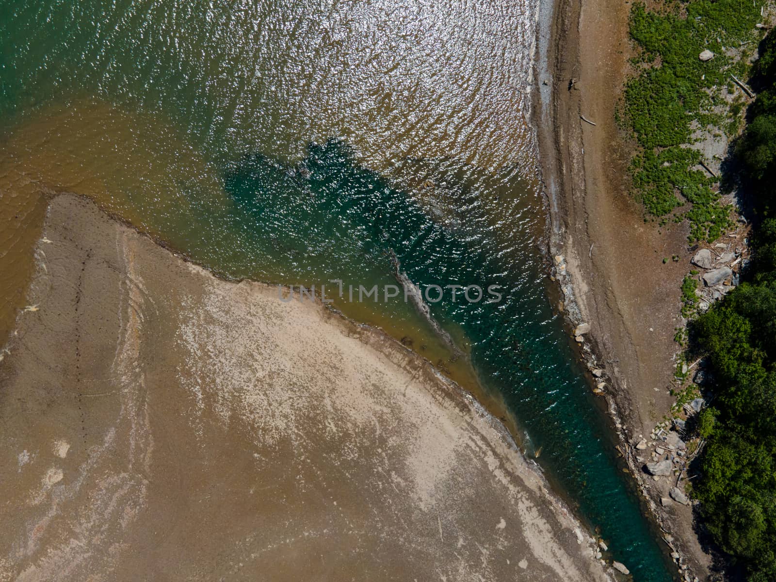 Drone shot directly above a river delta in switzerland