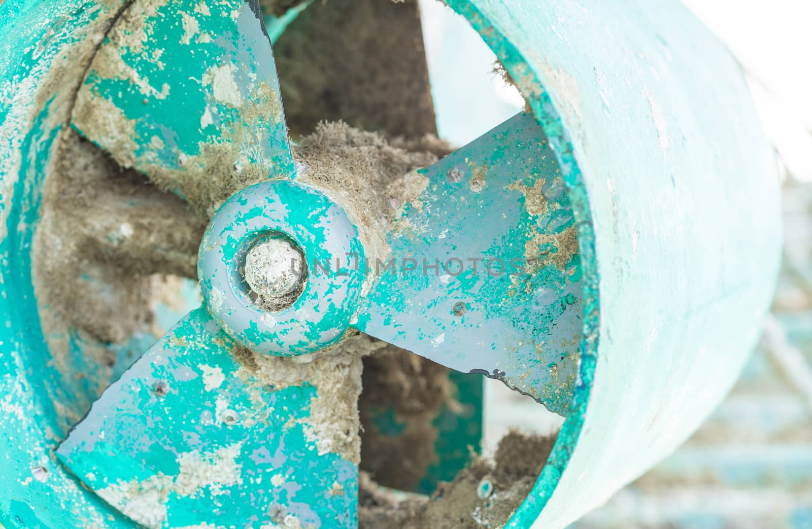Close-up of boat propeller in dry dock