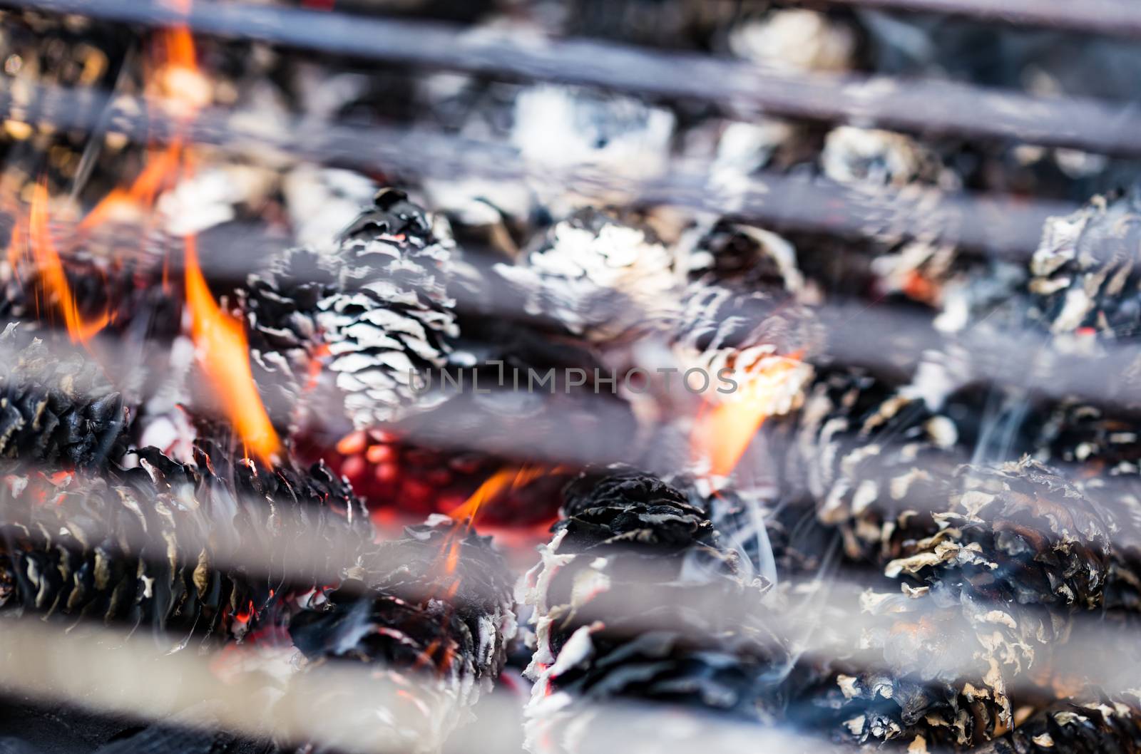 Detail view of empty flaming grill with charcoal and cones open fire