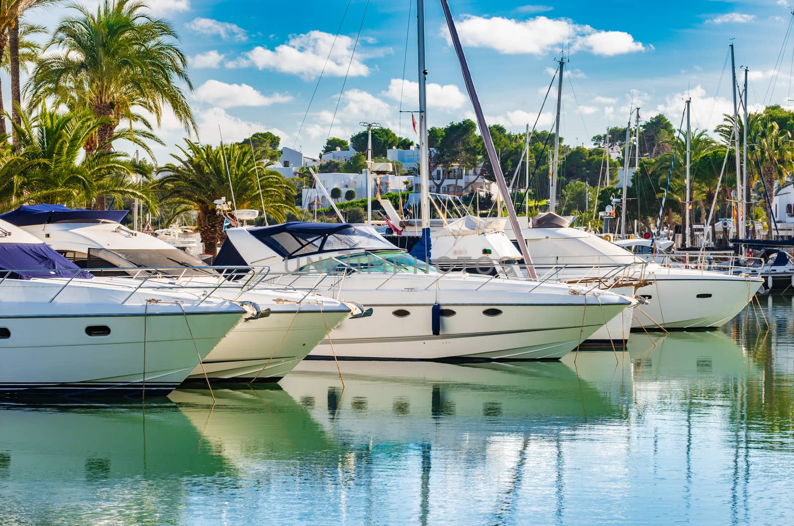 Anchoring yachts at the marina of Cala D'Or on Mallorca island, Spain Mediterranean Sea