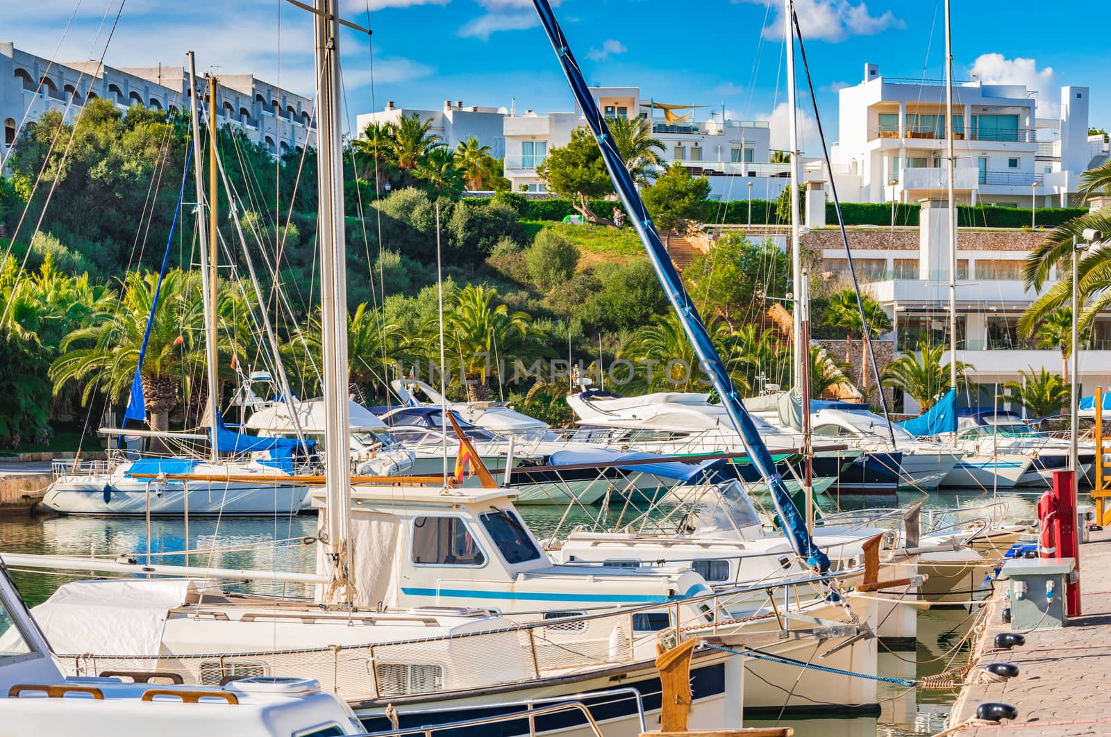 Anchoring boats at the harbour of Cala D'or on Majorca, Spain Mediterranean Sea
