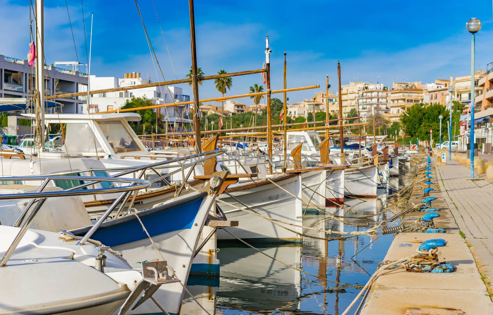 View of anchoring boats at the harbor of Porto Christo on Mallorca island, Spain