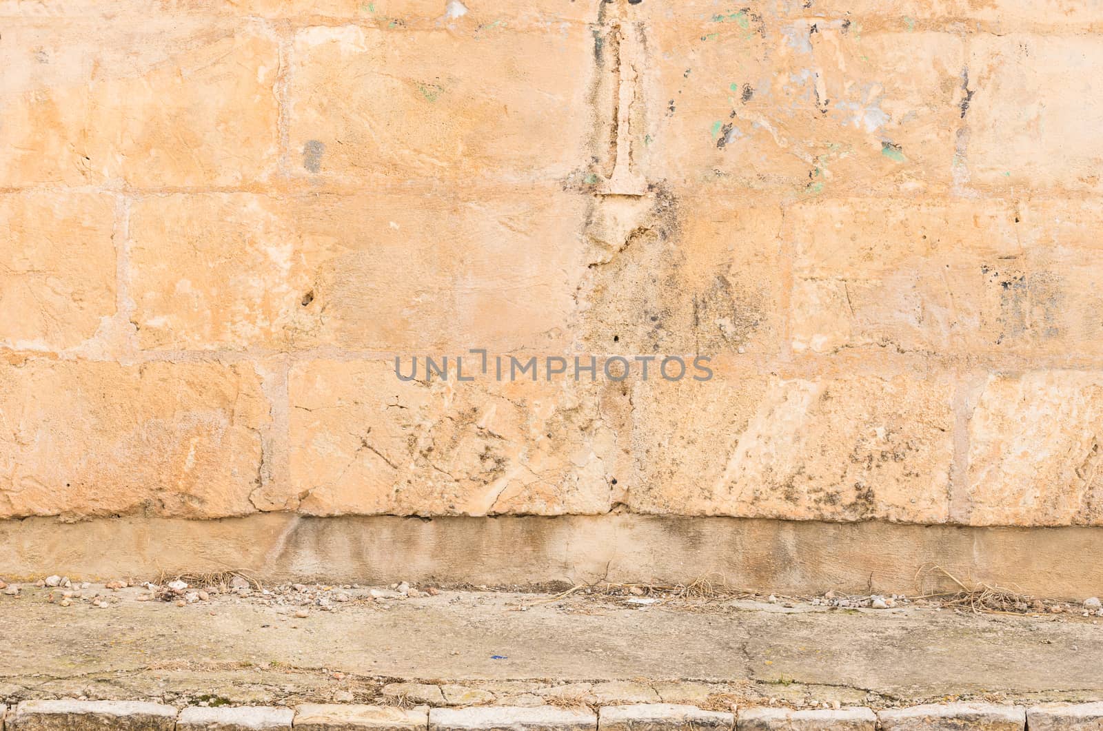 Background scene of vintage dirty wall with sidewalk and copy space