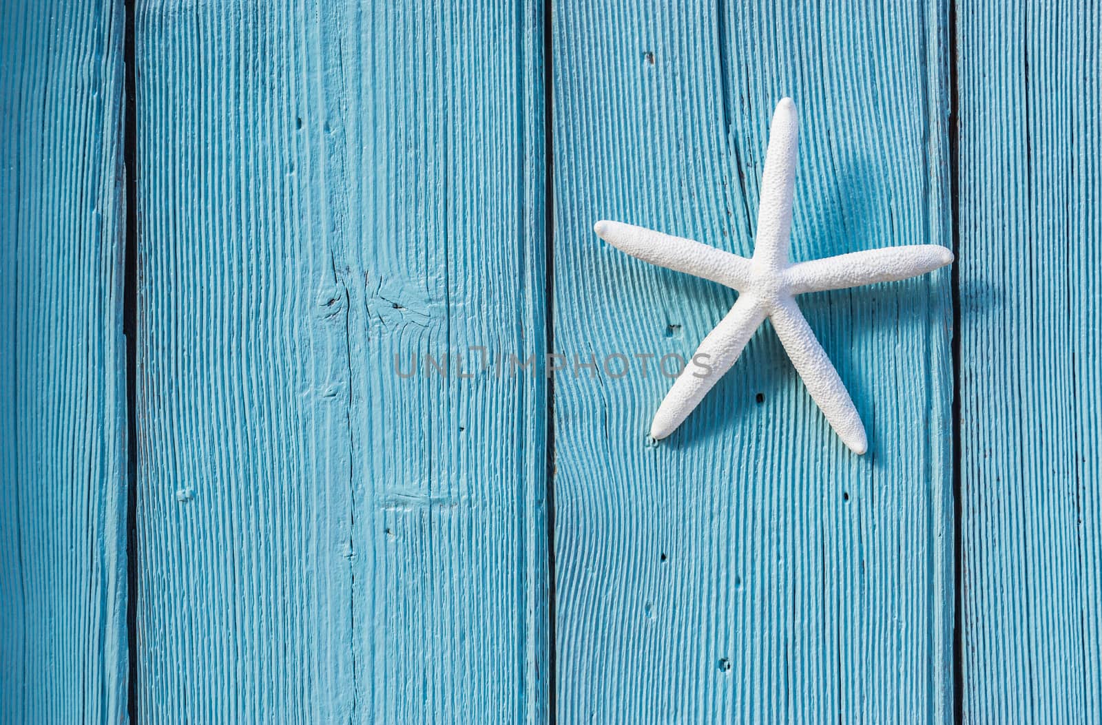 Starfish on blue wooden background for summer holiday concept