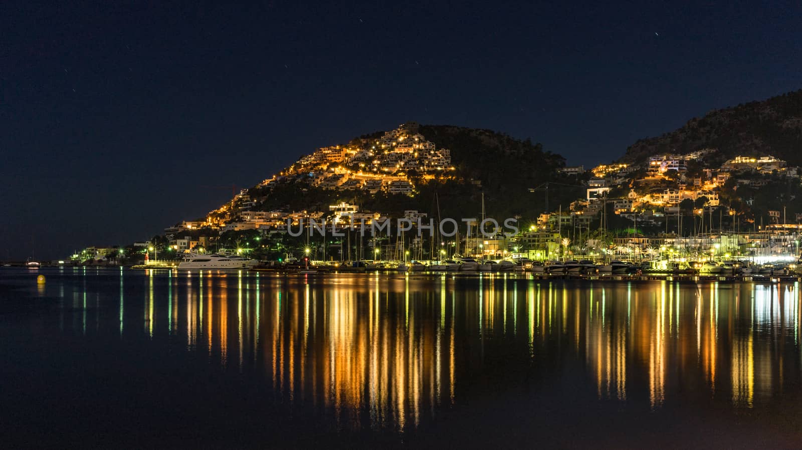 Beautiful view of Port de Andratx at night on Mallorca island, Spain