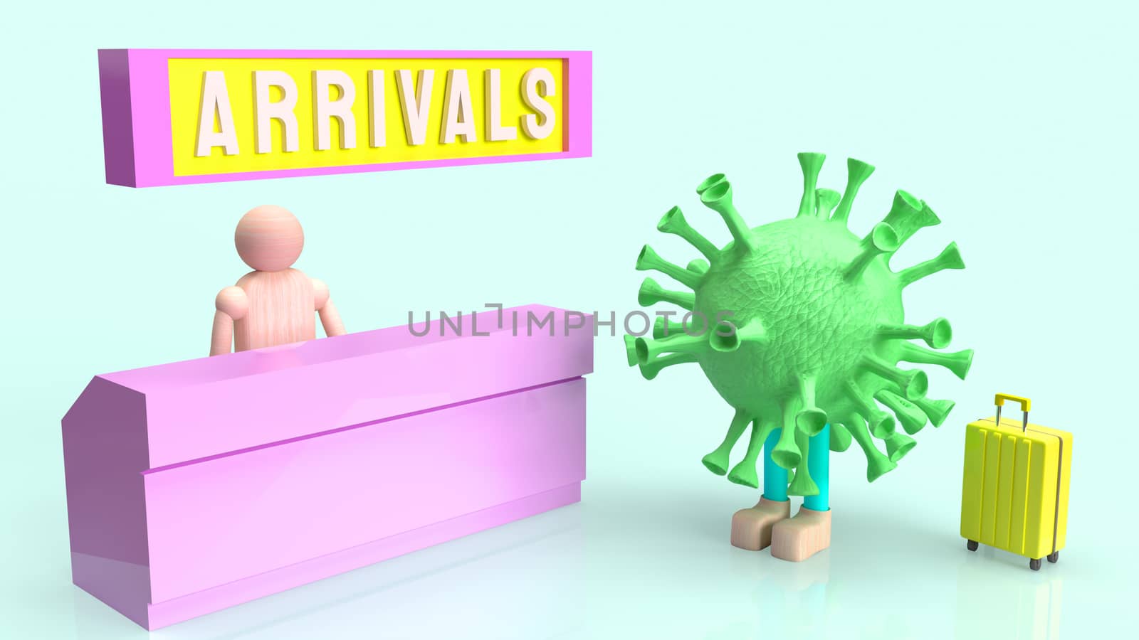 A coronavirus and suite case  checkin arrival counter for travel content 3d rendering  
