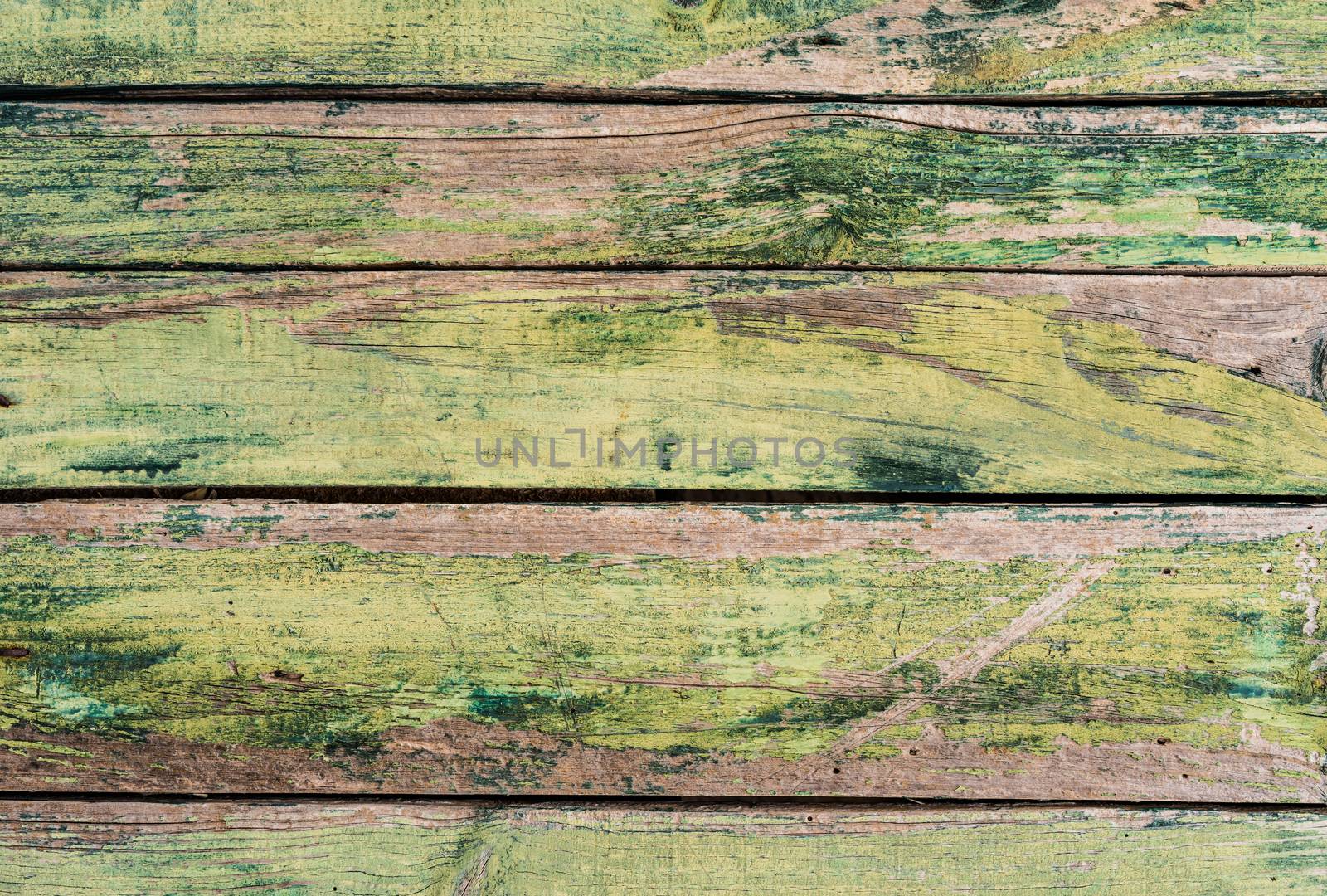 Weathered green painted wooden boards background texture with copy space