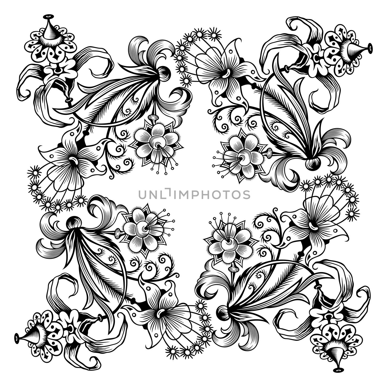 Floral hand drawn vector vintage border. Engraved nature elements and objects illustration. Frame design.